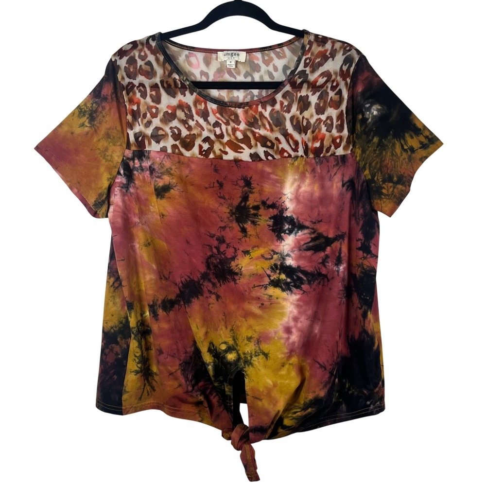 Umgee Tie Dye Top Womens Pullover Multicolor Leopard Print Front Tie Size Medium